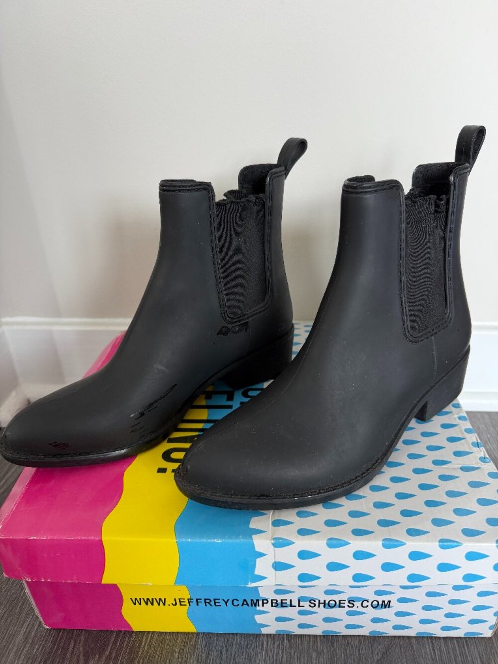 Jeffrey Campbell Stormy Black Ankle Chelsea Rain Boots Women's Size 9